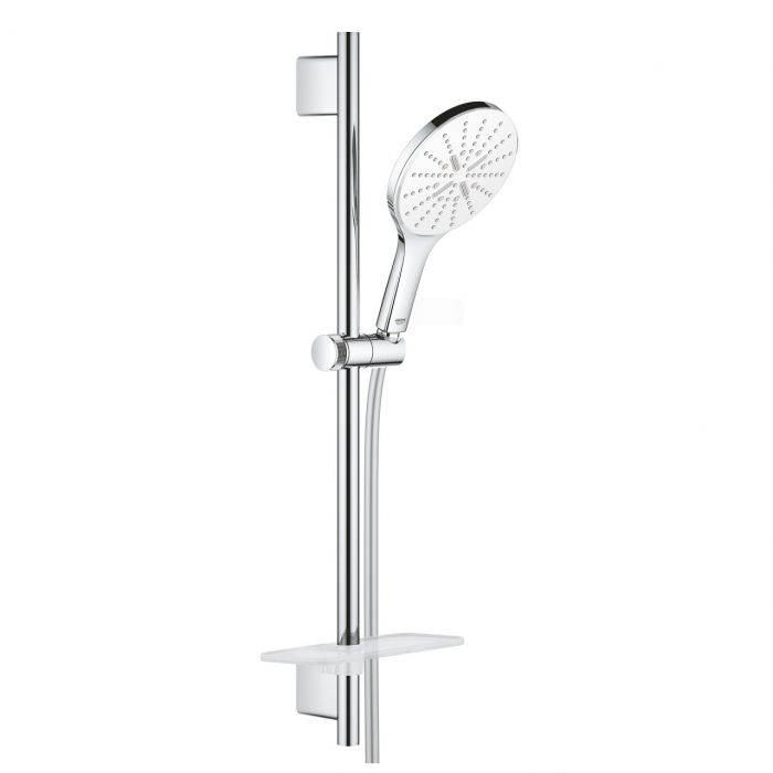 Zestaw prysznicowy 3-strumieniowy GROHE Rainshower SmartActive 150 moon white/chrom w komplecie: półka, drążek 600 mm, wąż prysznicowy Silverflex 1750 mm, rączka prysznicowa Rainshower SmartActive 150 | 26592LS0