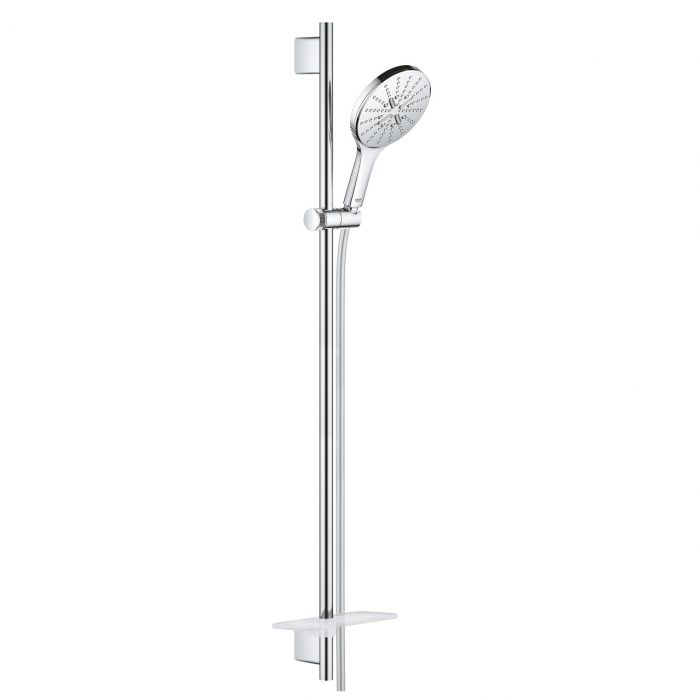Zestaw prysznicowy 3-strumieniowy GROHE Rainshower SmartActive 150 chrom w komplecie: słuchawka prysznicowa Rainshower SmartActive 150 26553, drążek 900 mm z uchwytami ściennymi, Silverflex wąż prysznicowy 1750 mm 28388, półka EasyReach | 26593000