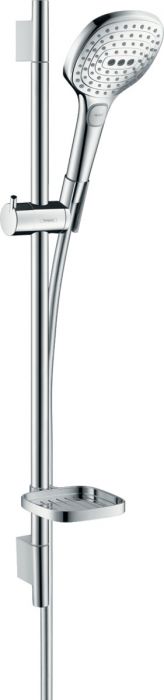 Zestaw prysznicowy HANSGROHE Raindance Select E 120 3jet chrom składa się z główki prysznicowej, drążka prysznicowego 650 mm, węża prysznicowego, suwaka, mydelniczki | 26620000