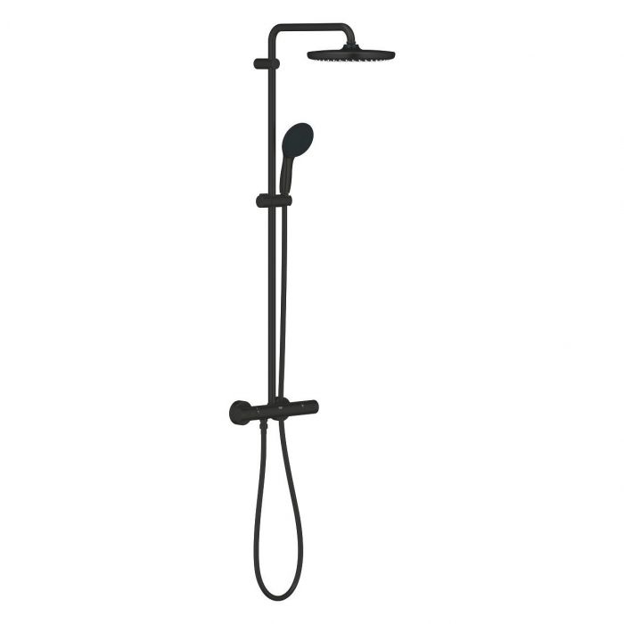 System prysznicowy z termostatem natynkowym z funkcją Aquadimmer GROHE TEMPESTA SYSTEM 250 do montażu ściennego black matte w komplecie: poziome obrotowe ramię 390 mm, deszczownica Tempesta 250 (26 666), słuchawka prysznicowa Tempesta 110 2-strumieniowa (