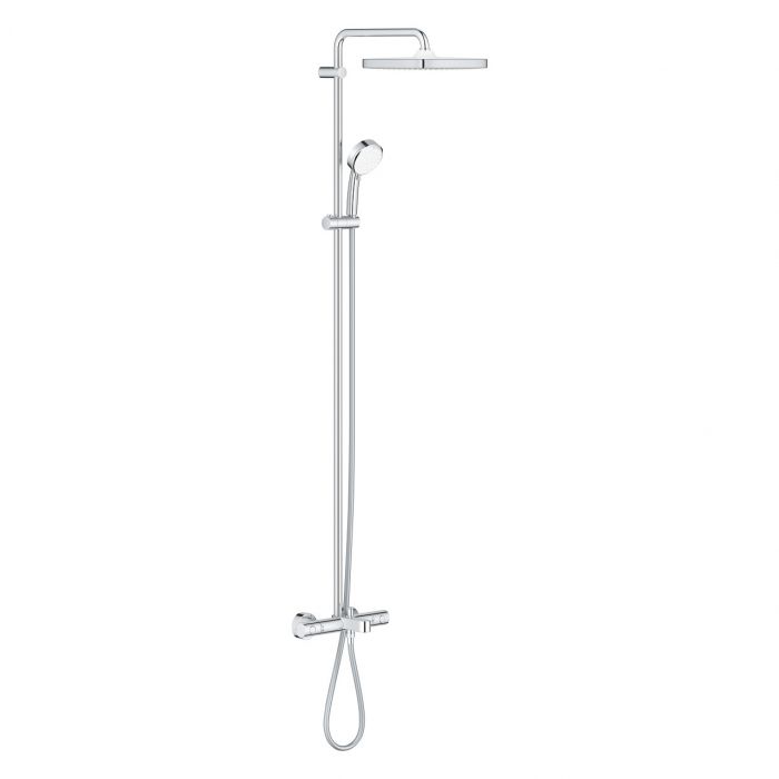 System wannowo-prysznicowy z termostatem GROHE Tempesta Cosmopolitan System 250 Cube ścienny ramię: 290 mm, wąż: 1750 mm chrom w komplecie: ramię, termostat natynkowy, przełącznik, deszczownica Tempesta 250 Cube 26685, wylewka wannowa, prysznic ręczny Tem