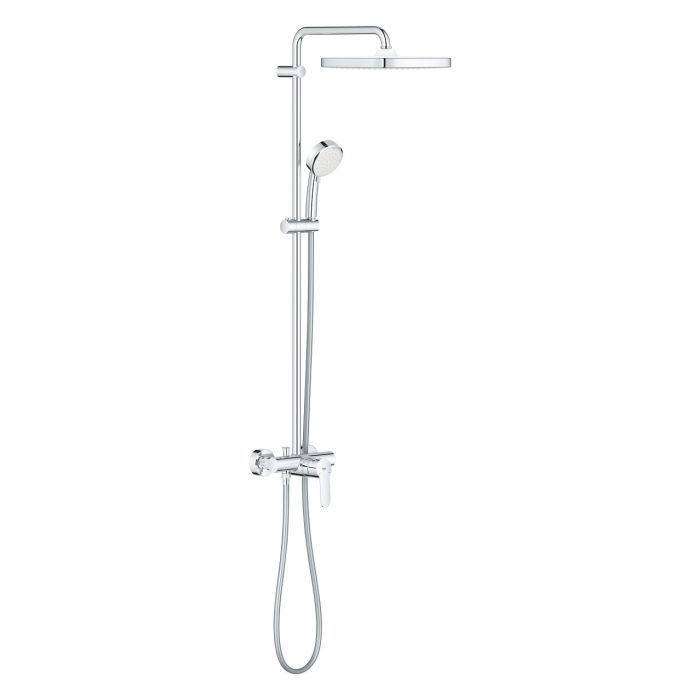 System prysznicowy GROHE Tempesta Cosmopolitan System 250 Cube ścienny chrom w komplecie: ramię 390 mm, natynkowa bateria, przełącznik, deszczownica Tempesta 250 Cube 26685, prysznic ręczny Tempesta Cosmopolitan 100 27571, uchwyt, wąż Rotaflex 1750 mm |