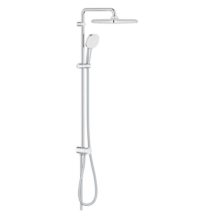System prysznicowy z przełącznikiem do montażu ściennego GROHE Tempesta System 250 Cube chrom poziome ramię prysznicowe 390 mm, przełącznik pomiędzy prysznicem ręcznym a deszczownicą, deszczownica Tempesta 250 Cube (26 685), biały wierzch deszczownicy, z