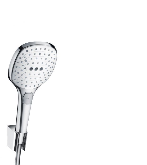 Zestaw prysznicowy punktowy HANSGROHE Raindance Select E biały/chrom w komplecie: główka prysznicowa, uchwyt prysznicowy, wąż prysznicowy | 26720400