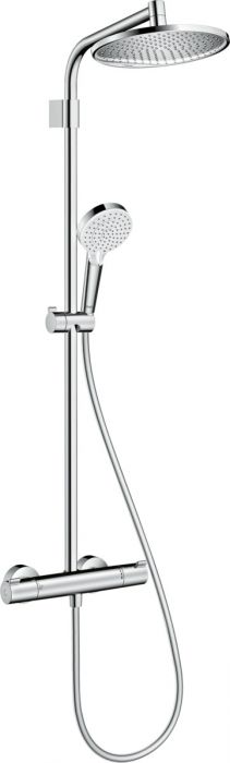 Komplet prysznicowy Showerpipe 240 1jet z termostatem Varia HANSGROHE Crometta S DN 15 chrom składa się z: głowica prysznicowa Crometta S 240 wielkość 240mm strumień: Rain, główka prysznicowa, bateria termostatyczna prysznicowa, wąż prysznicowy, suwak, dr