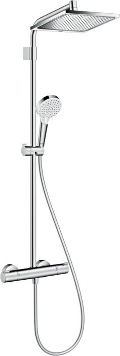 Crometta E komplet prysznicowy Showerpipe 240 1jet z termostatem Varia chrom w komplecie: głowica prysznicowa Crometta E 240 kwadratowa 240 x 240 mm, prysznic ręczny typu spray: Rain, IntenseRain, bateria prysznicowa termostatyczna, wąż prysznicowy, suwak