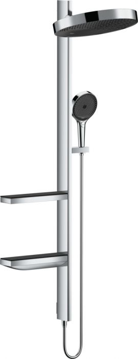 Zestaw prysznicowy 1-strumieniowy HANSGROHE Rainfinity Showerpipe 360 ścienny chrom w komplecie: głowica prysznicowa, główka prysznicowa, wąż prysznicowy, uchwyt prysznicowy, 2 szklane półki, drążek prysznicowy | 26842000