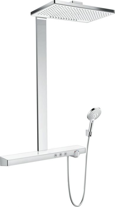 Komplet prysznicowy 2jet EcoSmart z termostatem HANSGROHE Rainmaker Select 460 biały/chrom w komplecie: głowica prysznicowa 460 x 300 mm, główka prysznicowa, bateria termostatyczna, wąż prysznicowy, uchwyt prysznicowy  | 27028400