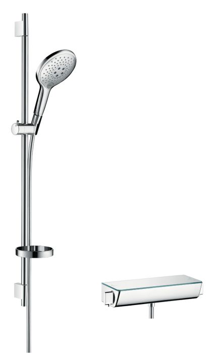 System prysznicowy HANSGROHE Raindance Select S biały/chrom w komplecie: główka prysznicowa, bateria termostatyczna, drążek prysznicowy, suwak, mydelniczka, wąż prysznicowy | 27037400