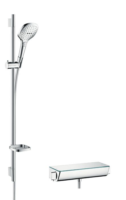 Komplet prysznicowy HANSGROHE Raindance Select E biały/chrom w komplecie: główka prysznicowa, bateria termostatyczna, drążek prysznicowy, suwak, mydelniczka, wąż prysznicowy | 27039400