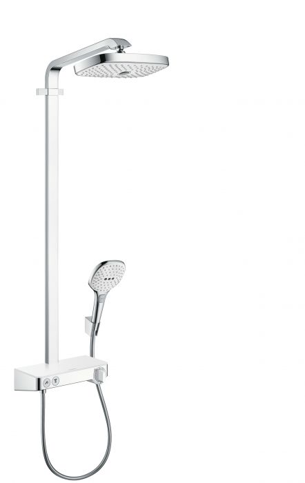 Komplet prysznicowy HANSGROHE Raindance Select E natynkowy biały/chrom z termostatem w komplecie: głowica prysznicowa, główka prysznicowa, bateria termostatyczna, wąż prysznicowy, uchwyt prysznicowy | 27126400