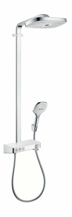 Komplet prysznicowy HANSGROHE Raindance Select E natynkowy biały/chrom z termostatem w komplecie: głowica prysznicowa, główka prysznicowa, bateria termostatyczna, wąż prysznicowy, uchwyt prysznicowy  | 27127400