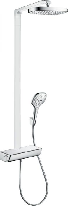 Komplet prysznicowy 2jet HANSGROHE Raindance Select E 300 natynkowy chrom z termostatem w komplecie: głowica prysznicowa Raindance Select S 300 2jet 300x160 mm, główka prysznicowa 120 3jet Eco, bateria termostatyczna Ecostat Select, wąż prysznicowy, uchwy