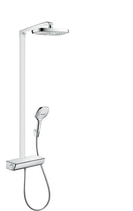 Komplet prysznicowy HANSGROHE Raindance Select E natynkowy biały/chrom z termostatem w komplecie: głowica prysznicowa, główka prysznicowa, bateria termostatyczna, wąż prysznicowy, uchwyt prysznicowy | 27282400