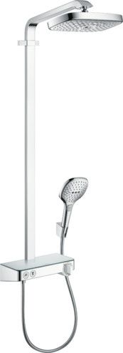 Komplet prysznicowy EcoSmart 9 l/min, z termostatem ShowerTablet Select 300 2jet HANSGROHE Raindance Select E 300 natynkowy chrom w komplecie: głowica prysznicowa Raindance Select S 300 2jet, główka prysznicowa (26521000), bateria termostatyczna, wąż prys