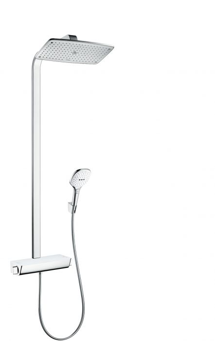 Komplet prysznicowy HANSGROHE Raindance Select E natynkowy biały/chrom z termostatem w komplecie: głowica prysznicowa, główka prysznicowa, bateria termostatyczna, wąż prysznicowy, uchwyt prysznicowy | 27286400