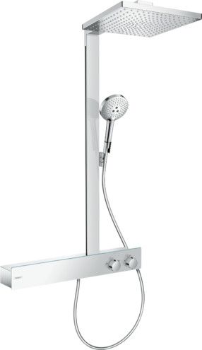 Zestaw prysznicowy 1jet HANSGROHE Raindance E mosiądz chrom półka ze szkła hartowanego, 1 strumień: RainAir w składzie: głowica prysznicowa Raindance E 300, główka prysznicowa, bateria termostatyczna ShowerTablet 600, wąż prysznicowy, suwak, drążek pryszn