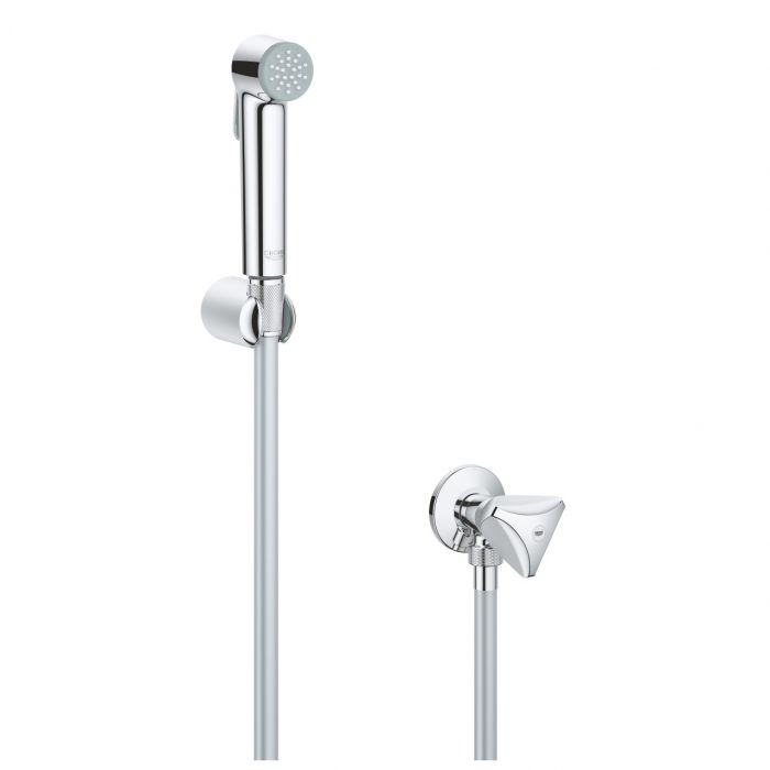Zestaw prysznicowy GROHE Tempesta-F Trigger Spray 30 chrom z uchwytem ściennym i zaworem kątowym zawiera: słuchawkę prysznicową z przełącznikiem (27 512 001), uchwyt (28 605 000), zawór kątowy 1/2" (22 958), wąż prysznicowy Silverflex Long-Life 1250 mm (