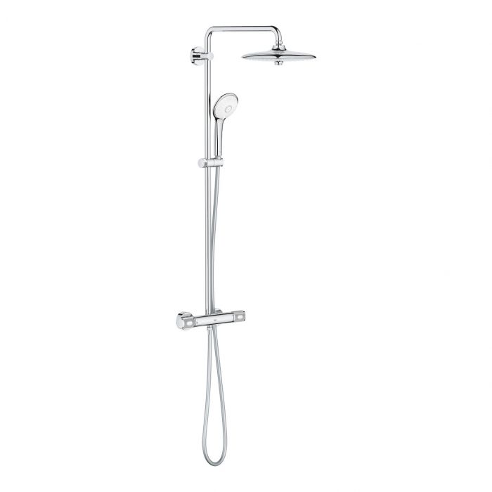 System prysznicowy GROHE Euphoria System ścienny chrom z termostatem w komplecie: ramię 450 mm, termostat natynkowy, przełącznik, deszczownica Euphoria 260 26457, prysznic ręczny Euphoria 110 Massage 27239, uchwyt. Silverflex wąż 1750 mm 28388 | 27615002