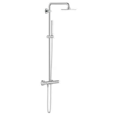 System prysznicowy z termostatem, ścienny GROHE Euphoria System metalowy chrom zawiera: poziome obrotowe ramię 450 mm, termostat natynkowy z funkcją Aquadimmer, przełącznik: deszczownica/ prysznic ręczny, deszczownica Euphoria Cube 150 27705000 | 2793200