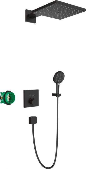 Zestaw prysznicowy z termostatem HANSGROHE Raindance E podtynkowy czarny matowy w komplecie: głowica prysznicowa, prysznic ręczny, bateria termostatyczna, ramię prysznicowe, przyłącze ścienne, wąż prysznicowy, uchwyt prysznicowy | 27939670