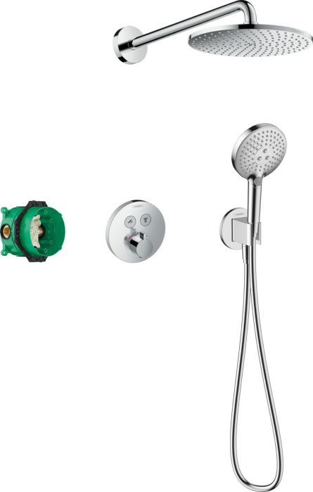 System prysznicowy 1 jet HANSGROHE RAINDANCE S 240 głowica d240 mm chrom wsporniki ścienne z metalu w składzie: głowica prysznicowa, główka prysznicowa, bateria termostatyczna, zestaw podstawowy, przyłącze węża, wąż prysznicowy | 27951000
