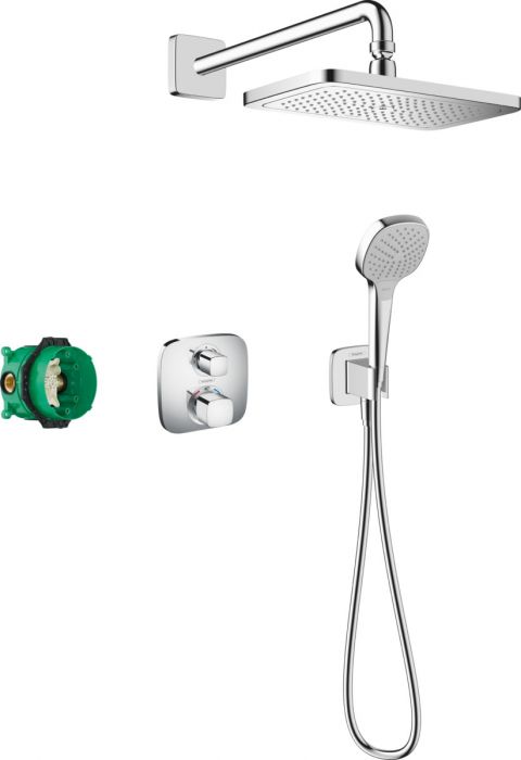 System prysznicowy 1jet HANSGROHE Croma E 280 chrom w komplecie: głowica prysznicowa, główka prysznicowa, ramię prysznicowe, termostat, zestaw podstawowy, przyłącze ścienne, wąż prysznicowy | 27953000