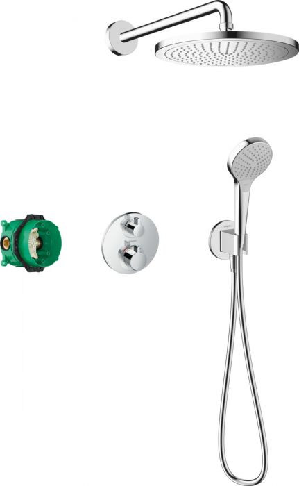System prysznicowy 1jet HANSGROHE Croma 280 chrom w komplecie: głowica prysznicowa d280, główka prysznicowa, ramię prysznicowe, Termostat, zestaw podstawowy, przyłącze węża, wąż prysznicowy | 27954000