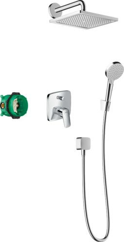 System prysznicowy HANSGROHE Crometta E podtynkowy chrom w komplecie: głowica prysznicowa, główka prysznicowa, ramię prysznicowe, Jednouchwytowa bateria wannowa, zestaw podstawowy, przyłącze węża, uchwyt prysznicowy, wąż prysznicowy  | 27957000