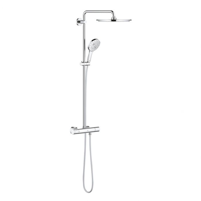 System prysznicowy GROHE Rainshower System ścienny chrom z termostatem w komplecie: poziome obrotowe ramię 450 mm, deszczownica Rainshower Cosmopolitan 310 27477000, prysznic ręczny Rainshower SmartActive 130 26544, regulowany uchwyt prysznica Silverflex,
