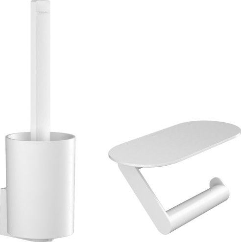 Zestaw toaletowy ścienny HANSGROHE WallStoris mocowanie kryte pojemnik można myć w zmywarce, do rolek o szerokości do 122 mm z tworzywa sztucznego biały matowy w komplecie: uchwyt na papier toaletowy, szczotka toaletowa z pojemnikiem, zestaw do klejenia