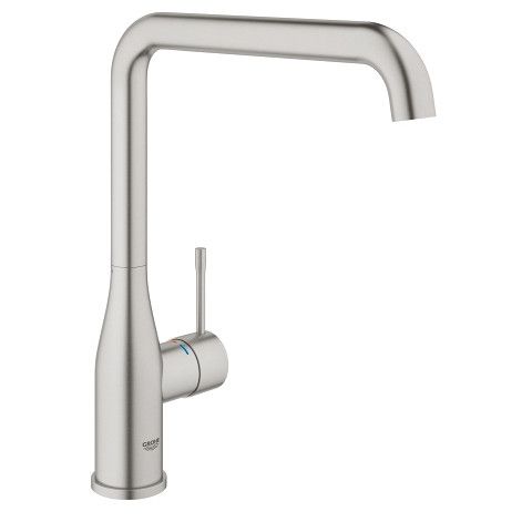 Essence bateria kuchenna stojąca 1-uchwytowa 1-otworowa z wysoką obrotową wylewką Long-Life Shine, SilkMove głowica ceramiczna 28 mm mosiężna zasięg wylewki 220 mm stal nierdzewna