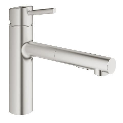 Concetto bateria zlewozmywakowa stojąca 1-uchwytowa 1-otworowa z wyciąganą obrotową wylewką 100° SilkMove głowica ceramiczna 35 mm, przełącznik perlator/ prysznic SpeedClean mosiężna zasięg wylewki 202 mm DN 15 stal nierdzewna