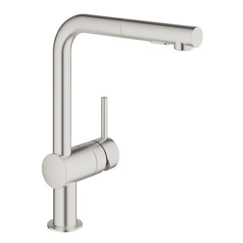 Minta bateria zlewozmywakowa stojąca 1-uchwytowa 1-otworowa z wyciąganą obrotową wylewką L 360° zasięg wylewki 223 mm stal nierdzewna