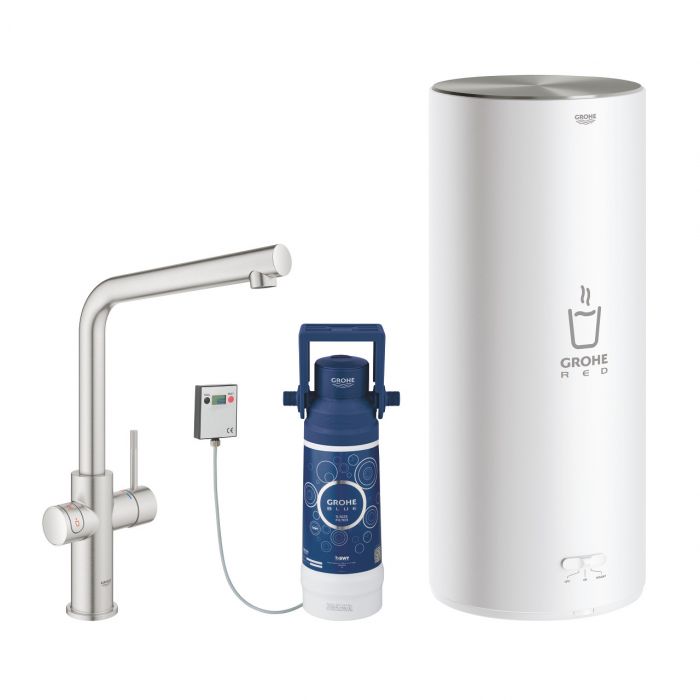 Bateria zlewozmywakowa stojąca GROHE Red Duo 2-uchwytowa 1-otworowa mosiężna stal nierdzewna z obrotową wylewką L 150° | 30325DC1