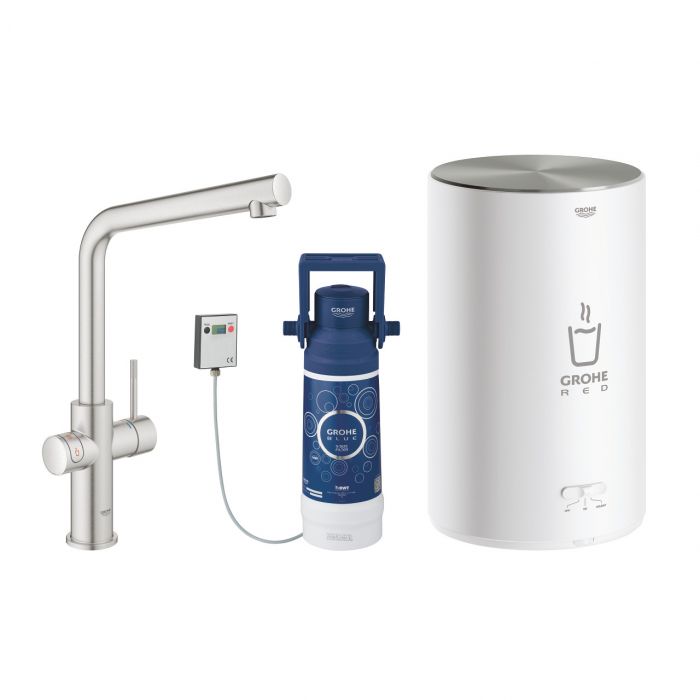 Bateria zlewozmywakowa stojąca GROHE Red Duo 2-uchwytowa 1-otworowa mosiężna stal nierdzewna z obrotową wylewką L 150°  | 30327DC1