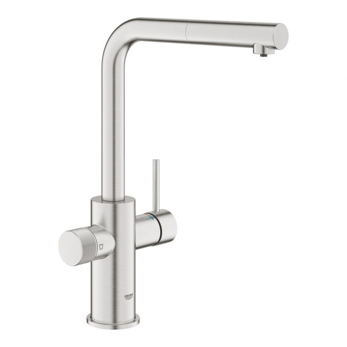 Bateria kuchenna stojąca filtrująca GROHE BLUE PURE MINTA 1-uchwytowa 1-otworowa stal nierdzewna z wyciąganą obrotową wylewką L  | 30590DC0
