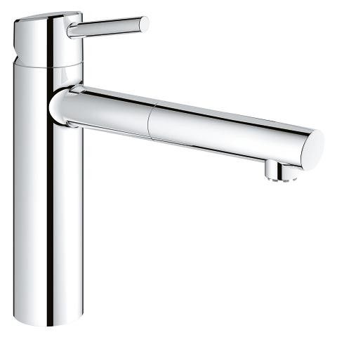 Concetto bateria zlewozmywakowa stojąca 1-uchwytowa 1-otworowa do otwartych term bezciśnieniowych z wyciąganą obrotową wylewką 100° Long-Life Shine, SilkMove głowica ceramiczna 35 mm mosiężna zasięg wylewki 202 mm DN 15 chrom