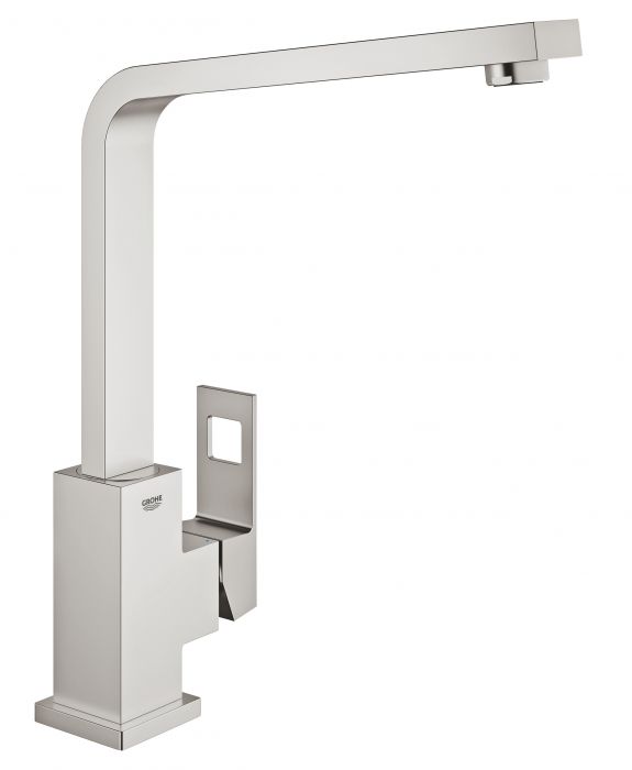 Eurocube bateria zlewozmywakowa wysoka stojąca 1-uchwytowa 1-otworowa z obrotową wylewką 360° SilkMove głowica ceramiczna 28 mm, Long-Life Shine mosiężna zasięg wylewki 202 mm DN 15 stal nierdzewna w komplecie giętkie węże przyłączeniowe