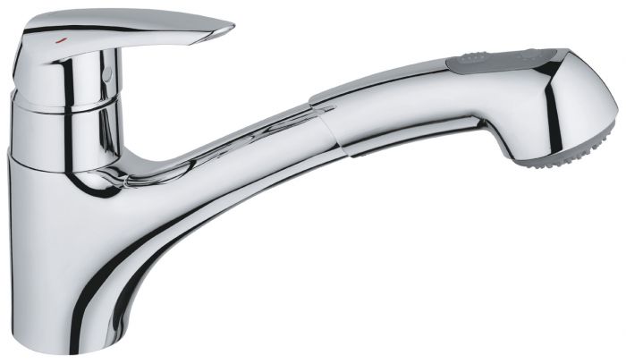 Eurodisc bateria zlewozmywakowa stojąca 1-uchwytowa 1-otworowa z wyciąganą obrotową wylewką 100° SilkMove głowica ceramiczna 35 mm, Long-Life Shine mosiężna zasięg wylewki 244 mm DN 15 chrom