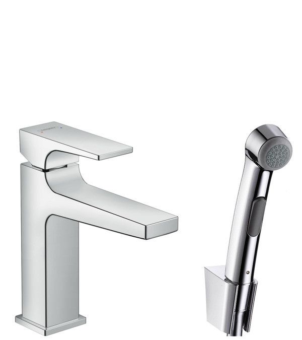Bateria umywalkowa sztorcowa HANSGROHE Metropol 110 1-uchwytowa 1-otworowa mosiężna chrom w komplecie: główka bidette, wąż 160 cm, uchwyt jednoramienny, zestaw odpływowo-przelewowy | 32522000