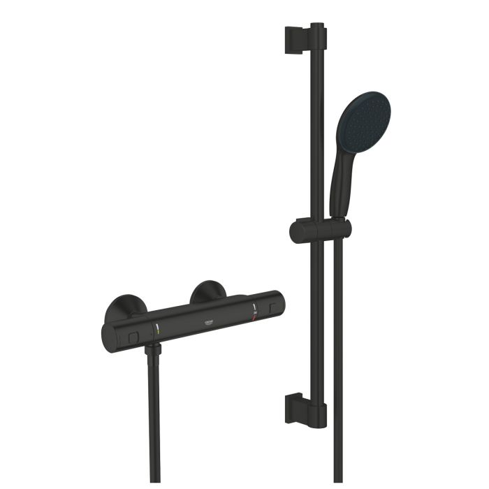 Bateria prysznicowa GROHE Precision Start matte blak z termostatem w zestawie z słuchawką prysznicową ze strumieniem Rain i drążkiem prysznicowym Vitalio Start 110 600 mm | 345972431