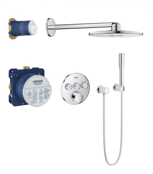 Zestaw prysznicowy podtynkowy GROHE SmartControl chrom zawiera: prysznic ręczny z wężem i deszczownicą na ramieniu, dwa elementy podtynkowe oraz baterii do obsługi trzech wyjść  | 34709000