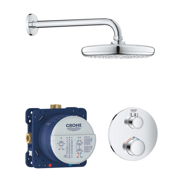 Zestaw prysznicowy GROHE Grohtherm 210 chrom w komplecie: deszczownica Tempesta 210, bateria termostatyczna z elementem podtynkowy i ramię prysznica | 34726000