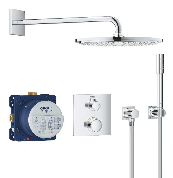 Zestaw prysznicowy podtynkowy GROHE Grohtherm DN 15 chrom zawiera: bateria termostatyczna, element podtynkowy SmartBox, deszczownica, ramię prysznica, prysznic ręczny, wąż prysznicowy | 34730000
