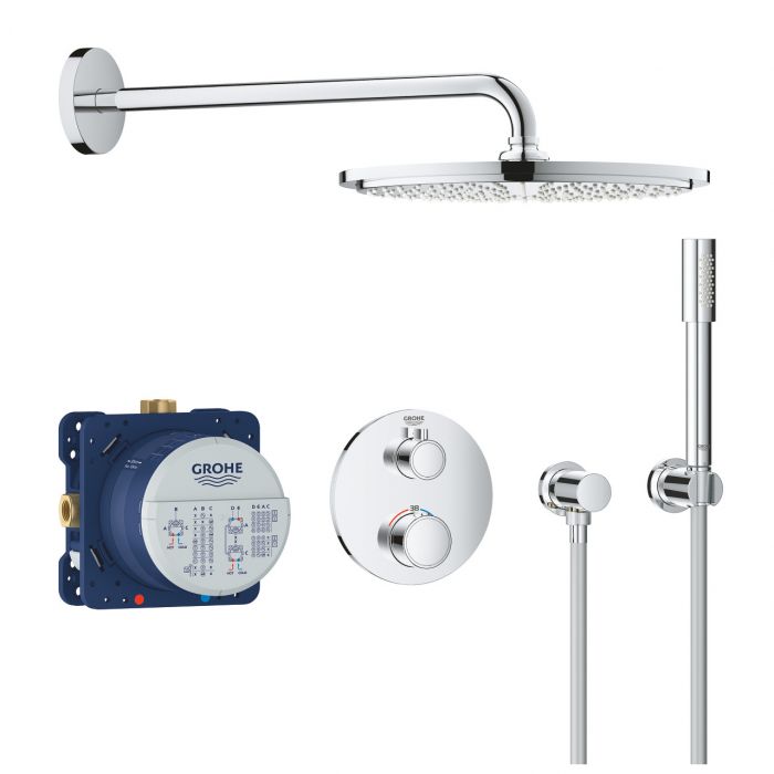 Zestaw prysznicowy GROHE Grohtherm 310 chrom w komplecie: deszczownica Rainshower Cosmopolitan 310, bateria termostatyczna z elementem podtynkowym, ramię prysznica, prysznic ręczny i wąż prysznicowy 1250 mm | 34731000