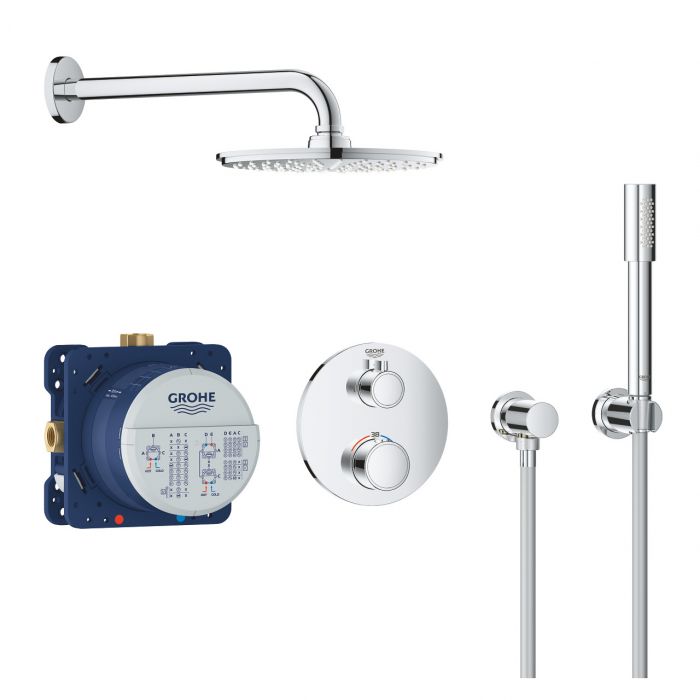 Zestaw prysznicowy GROHE Grohtherm 210 chrom w komplecie: deszczownica Rainshower Cosmopolitan 210, bateria termostatyczna z elementem podtynkowym, ramię prysznica, prysznic ręczny i wąż prysznicowy 1250 mm | 34732000
