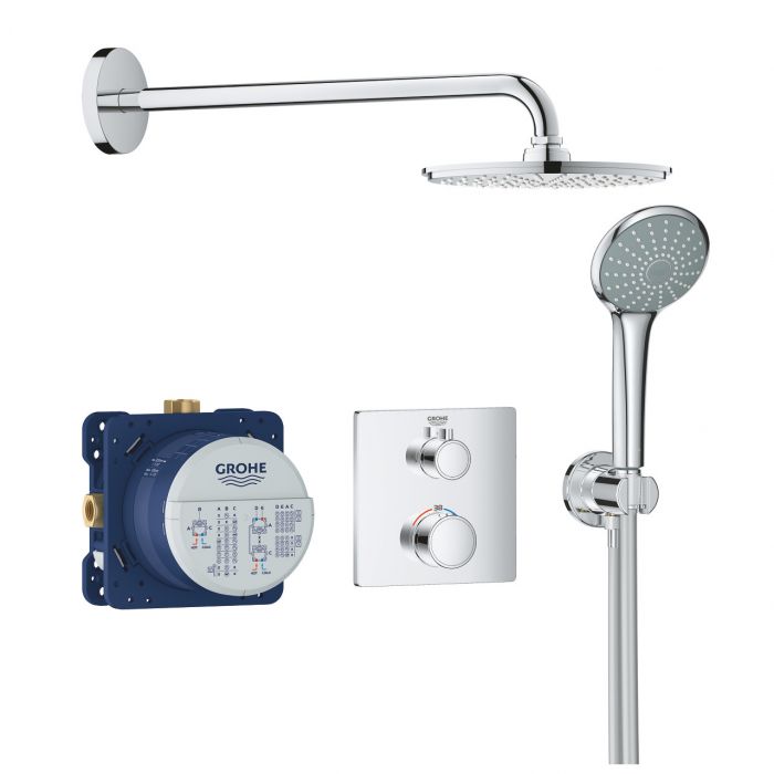 Grohtherm zestaw prysznicowy podtynkowy, termostatyczny mosiężny chrom zawiera: bateria termostatyczna podtynkowa, element podtynkowy, deszczownica, ramię prysznica, prysznic ręczny, przyłącze węża, wąż prysznicowy