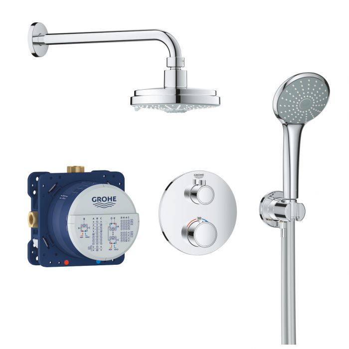 Zestaw prysznicowy GROHE Grohtherm 160 chrom w komplecie: deszczownica Rainshower Cosmopolitan 160, bateria termostatyczna z elementem podtynkowym, ramię prysznica, prysznic ręczny i wąż prysznicowy 1250 mm | 34735000