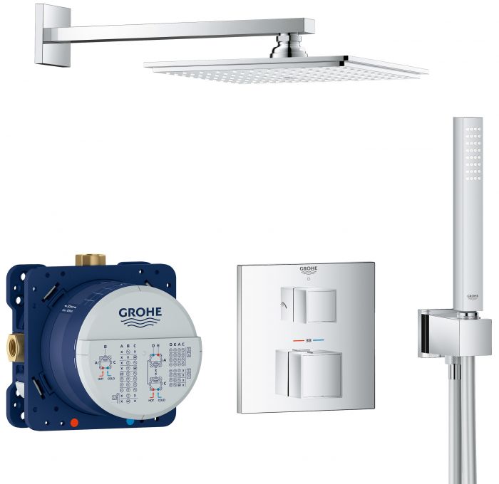 Zestaw prysznicowy GROHE Grohtherm Cube podtynkowy chrom w komplecie: bateria prysznicowa termostatyczna, el.podtynkowy SmartBox, deszczownica, ramię prysznica, prysznic ręczny, kolanko, wąż | 34741000